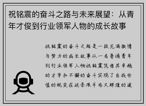 祝铭震的奋斗之路与未来展望：从青年才俊到行业领军人物的成长故事